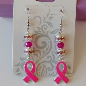 Breast Cancer Awareness Pink Ribbon Dangle Earrings